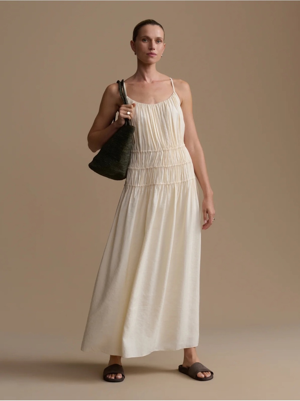 Jenni Kayne Wynn Dress / Cream Ruched Spaghetti-Strap Maxi Dress